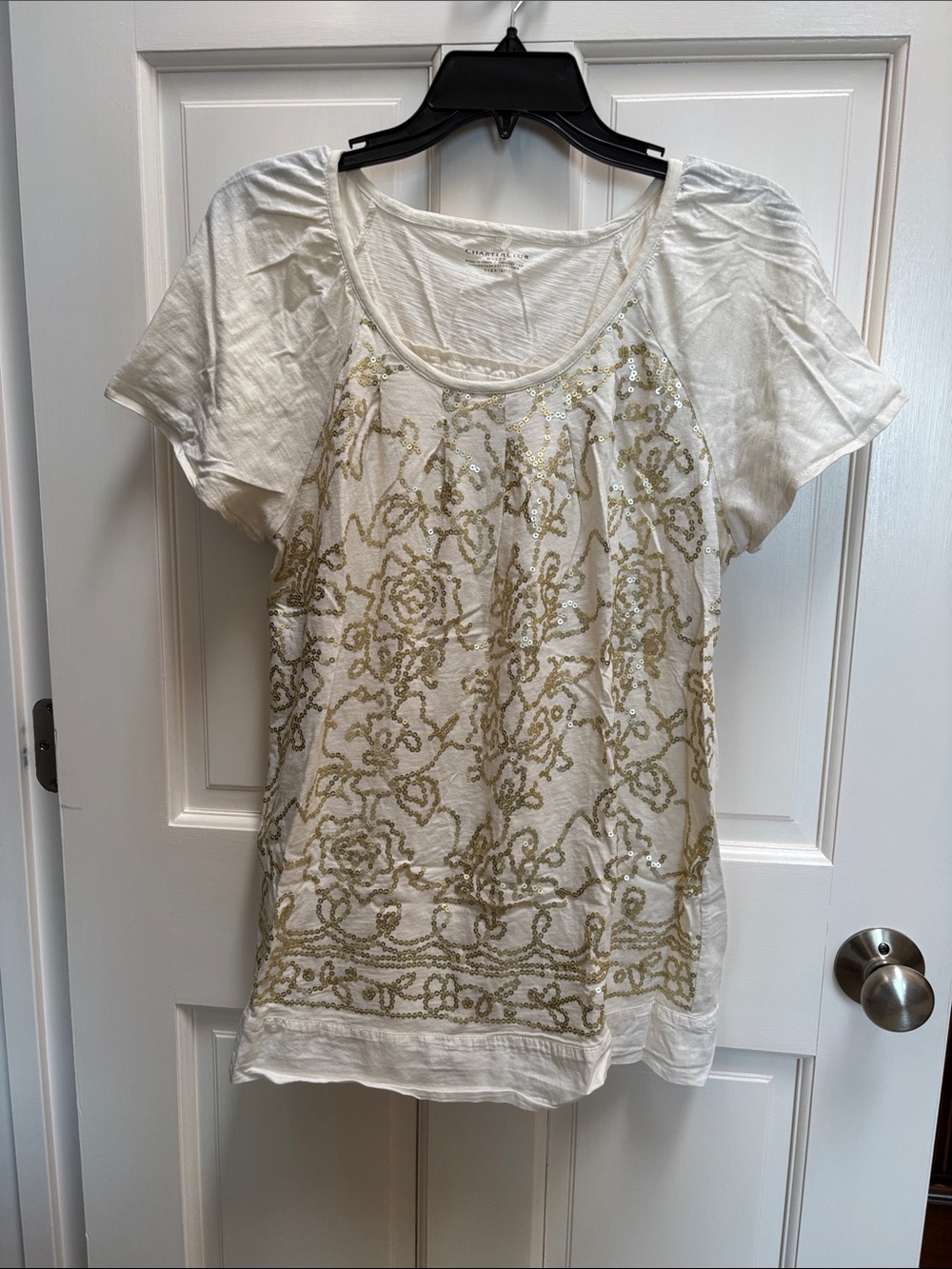 Charter Club Cream Short-Sleeve Scoop Neck Top with Gold Sequin Detail